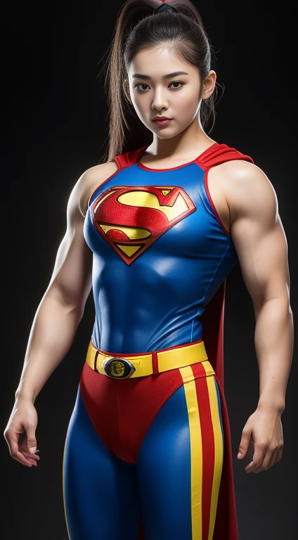 1 Same Girl, Beautiful, Baby Face, fat 20 Yearsold Korean Girl, Ponytail, Realistic Armory Set Colourful Superman Gear Outfit, Gigantic Breast, Muscle, White Skin, Happy, Dark City Background, Perfect Action, Sleeveless, Posing For A Picture