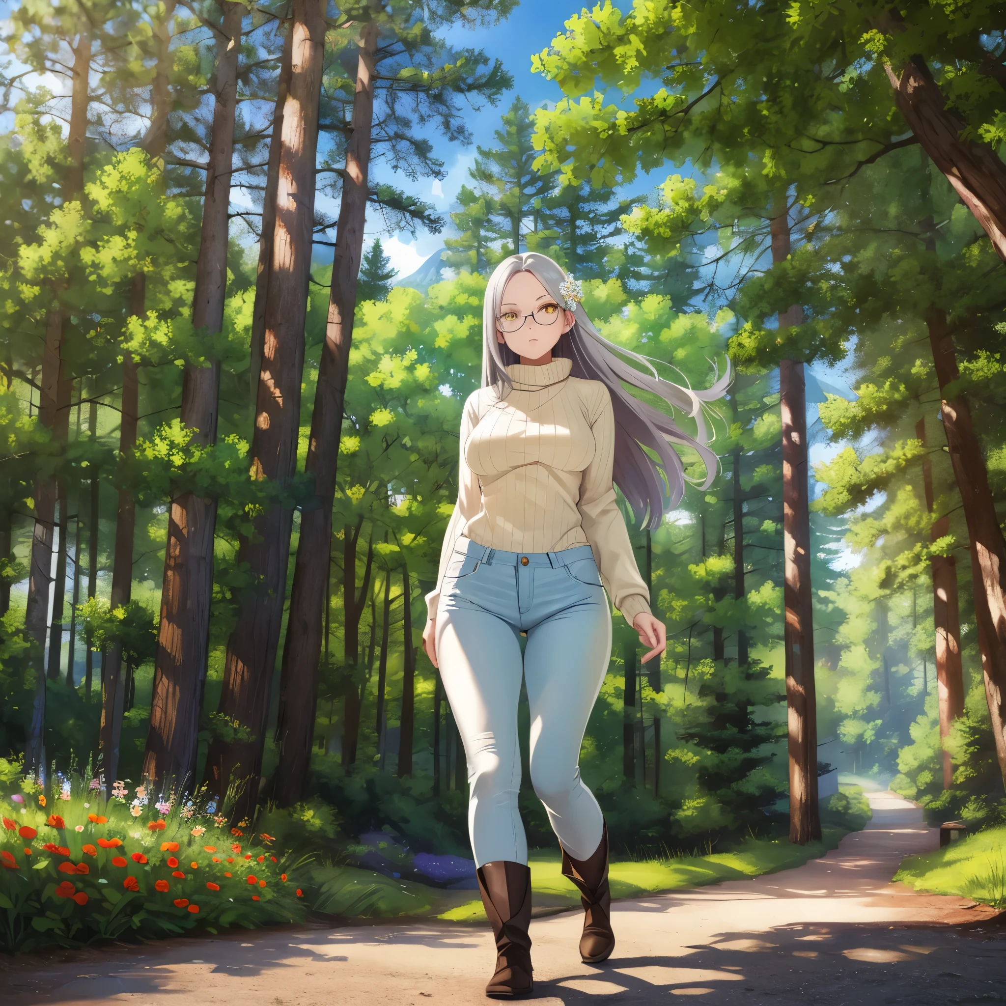 A woman with long silver hair, yellow eyes, wearing a white sweater, tight jeans, black boots, wearing glasses, walking along the path of a very sophisticated garden, pine trees, mountain background, daytime location, shade of trees,full body, surrealism, projected shadow, anaglyph, stereogram, tachi -e, pov, atmospheric perspective, surrealism, flower, 8k, super detail, accurate, best quality, UHD, anatomically correct, textured skin, high quality, high resolution, best quality
