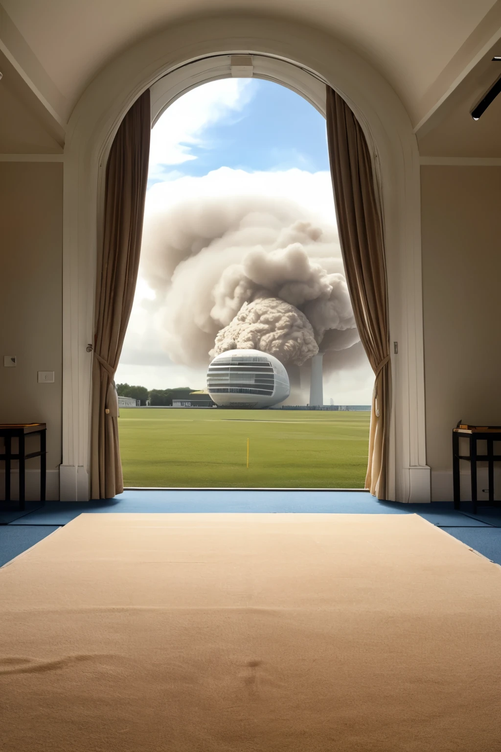 Stage design,Set design,Stage stills,Framed stage,nursing home,There is only one single bed on the stage,There are some cloud-like cotton scattered everywhere on the ground,The background is a huge U-shaped arch perspective,Huge mushroom cloud on the sea outside the window,Broad field of vision,Telephoto lens,Art