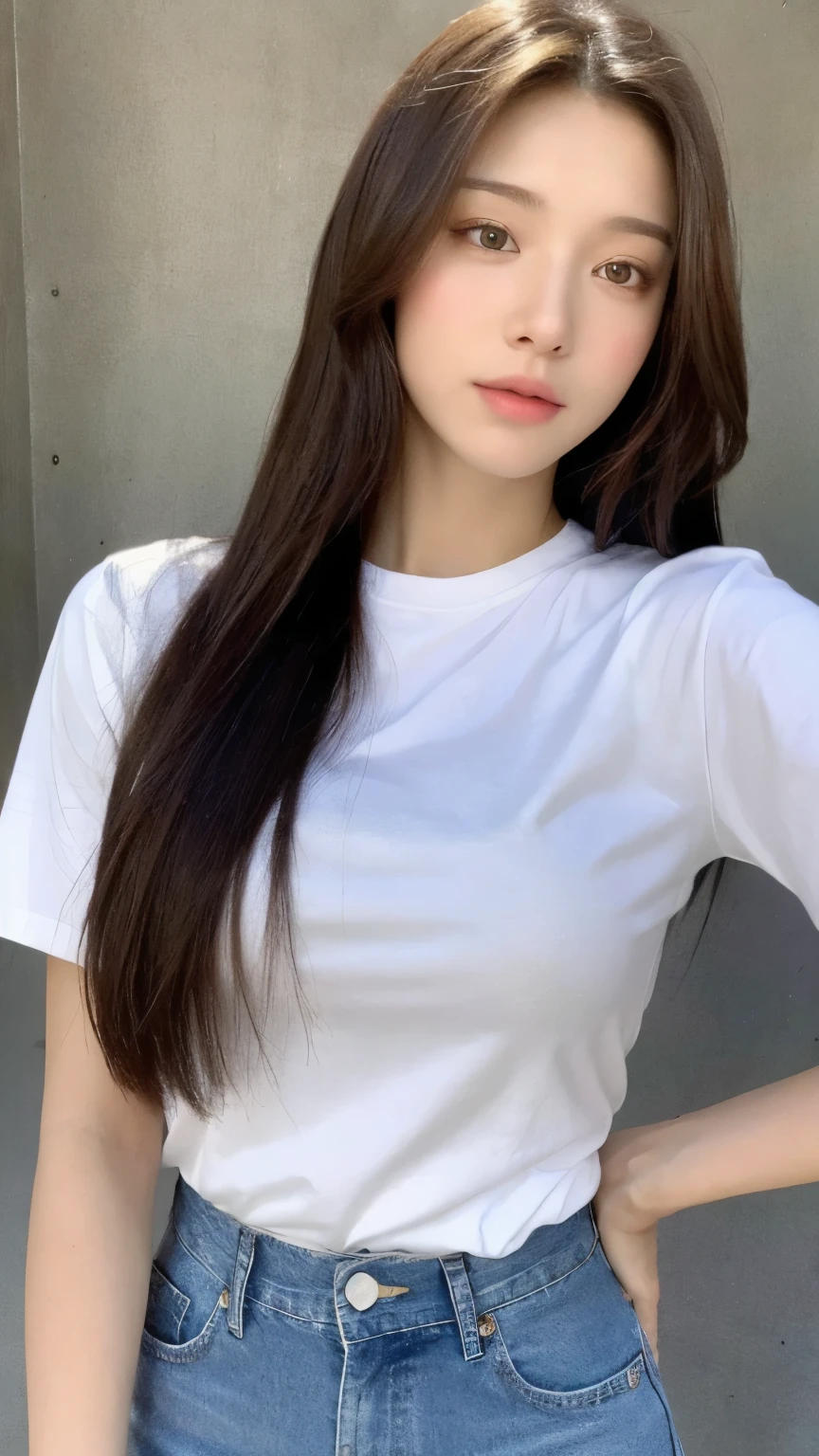 (natural, high resolution:1.3), 1 chica con un cuerpo perfecto, Super fine face and eyes.,pelo largo, Camiseta sin mangas de colores aleatorios.:1.2, Jeans cortos, tetas grandes,exponer escote