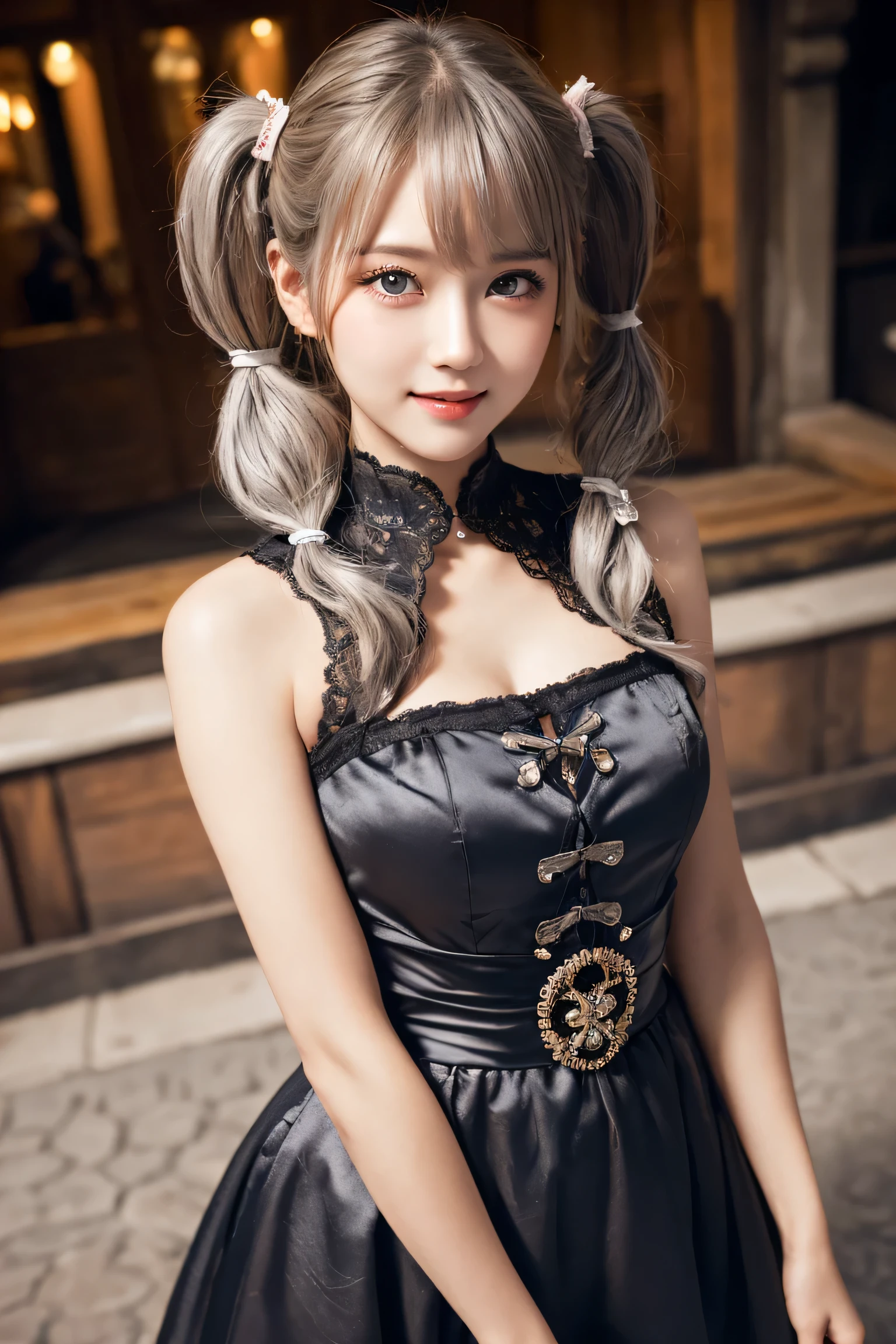 ((masterpiece)), ((best quality)), (ultra-detailed), ((kawaii)), cute, ((lovely)), ((extremely detailed)), 4K, (8K), best quality, (beautiful), illustration, overall bird’s eye view:1.3, (cowboy shot:1.3), dynamic angle, baroque architecture:1.3, theater, outside, a cute girl, 1girl, solo, Japanese, (middle-ages necromancer:1.3), (necromancer costume), (round face:1.3), (beautiful gray hair:1.3), (twin tails:1.3), ((beautiful hair)), tareme:1.5, beautiful blue eyes, ((beautiful eyes)), white teeth, smile, blush