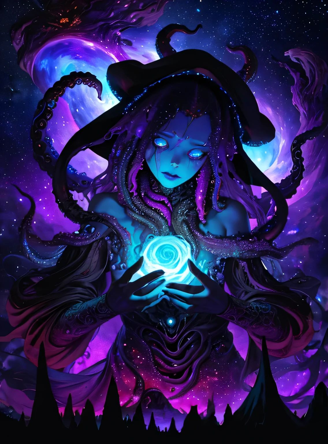 (best quality,highres,masterpiece:1.2),ultra-detailed,Skull with tentacle face, in space,alien creature,intricate patterns,dark and mysterious,cosmic colors,ethereal lighting,dim spaceship interior,ominous atmosphere,otherworldly,nebulae and stars,distant galaxies,creepy and surreal,phosphorescent tentacles,haunting presence,dimensions intertwining,mind-bending perspective,cosmic horror,nightmarish beauty,hypnotic gaze,awe-inspiring,unearthly energy,cosmic chaos and order,transcendent,pulsating with cosmic power,dark matter tendrils,intergalactic entity,evokes fear and fascination