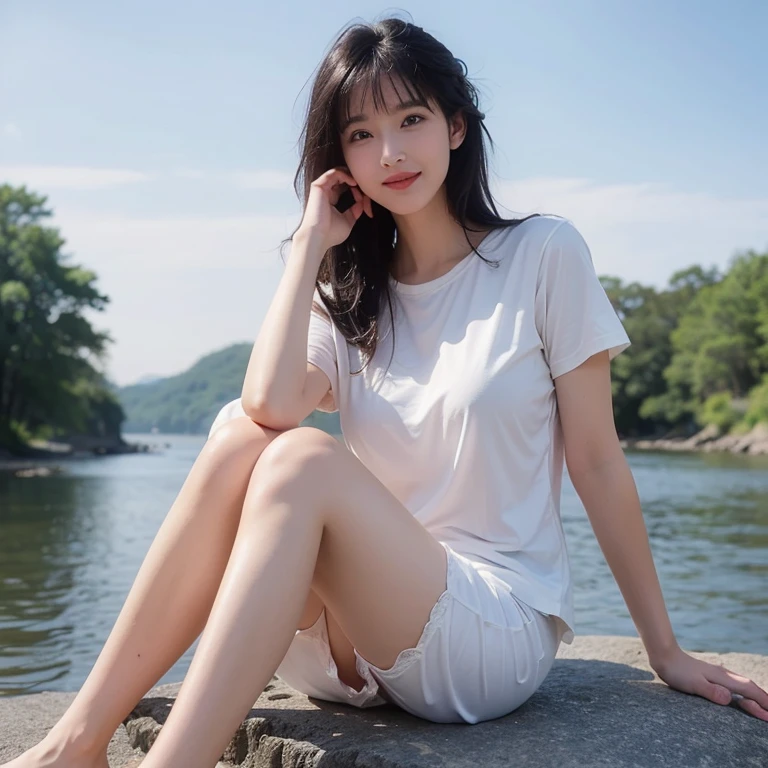 Ayaka, Wet, soak, (best quality,4K,8k,high resolution,masterpiece:1.2),Super detailed,(Practical,Realistically,Realistically:1.37), Black hair, huge title blue eyes, White lace pajamas，Pink，moisture，Sitting on a stone by the lake，Facing the camera， Water Drop, Shiny skin，Sweating all over，There is something unknown in the body，a happy expression，