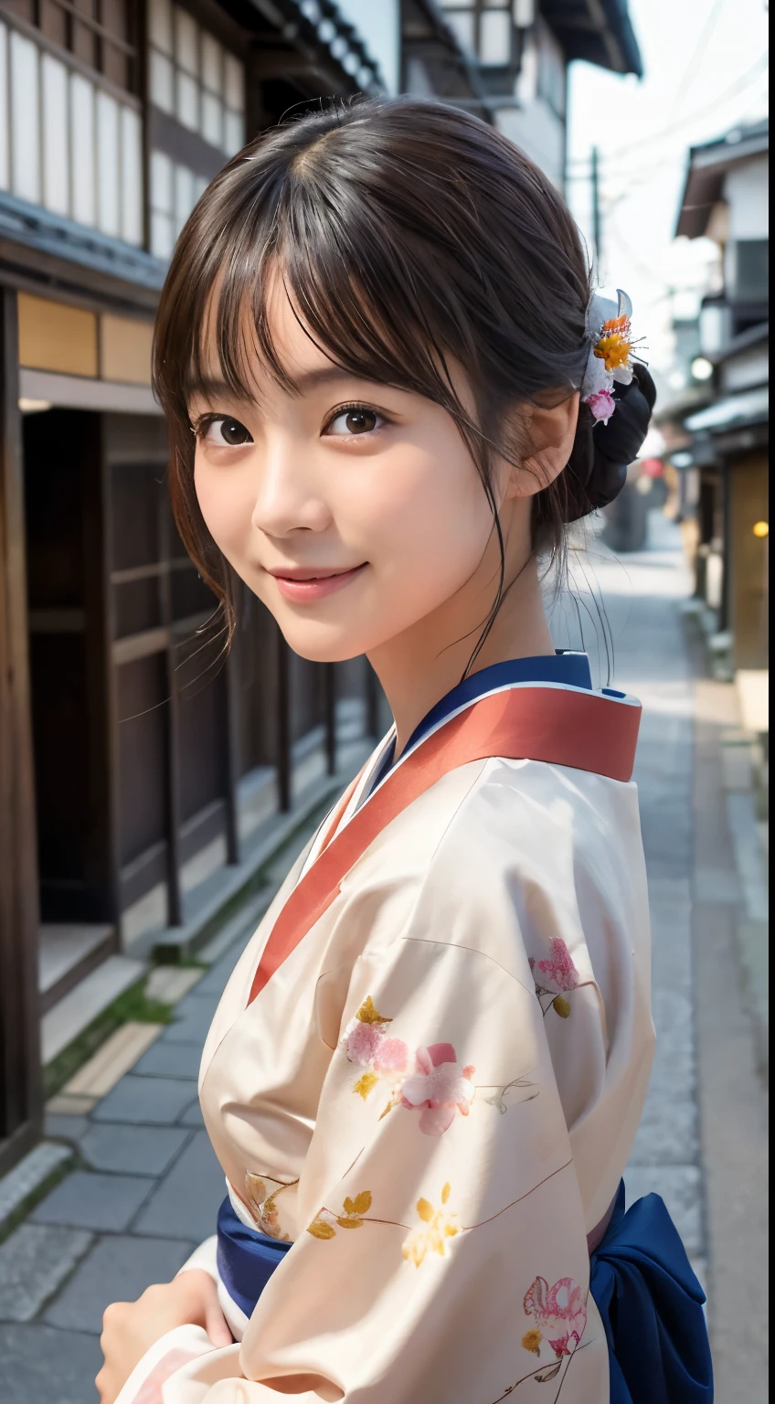 Professional Lighting,(Photorealistic:1.4), (Top image quality:1.0), (超A high resolution:1.0), 8k, Raw photography, (masterpiece:0.2), (Facing the children_v1:0.5)、(最高quality Detail:1.2)、Realistic、8K Ultra HD、High resolution、(1 girl:1.2)、超detailedな、High quality textures、複雑なdetailed、detailed、Very detailed CG、High quality shadows、detailed 美しく繊細な顔、Beautiful details and a delicate eye、(Symmetrical eyes:1.2),Written boundary depth、Ray Tracing,1 girl, Japanese Girls, (Natural smile:1.4),cute, thin, Portrait of a beautiful Japanese woman in a kimono, Standing elegantly on a street corner in Kyoto. Kimono with vibrant traditional patterns, Hair decorated with elegant and delicate hairpins, Gentle expression. (With the old streets of Kyoto in the background:1.4)、The soft light of a spring afternoon、Adding tranquility to the scene. Rendered in a Realistic style with great attention to detail, High resolutionの画像.Sky Porn, Magic Hour, (Realistic:1.3), finely, quality, (Tabletop:1.2), (Realistic:1.2), (最高quality), (複雑なdetailed), dramatic, Ray Tracing, photograph, +roller