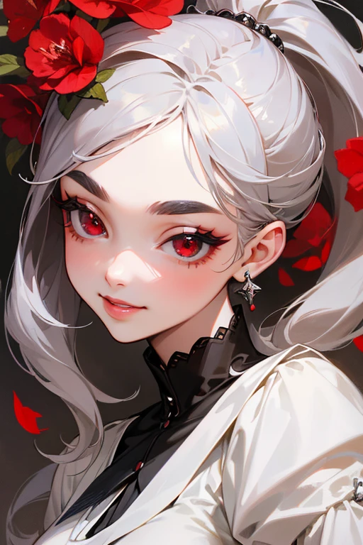 (highest quality, masterpiece:1.2), High resolution, 最高masterpiece、Very detailed, Realistic:1.37, Fantasy, An illustration,Gray Hair、 Red eyes、Queen, White Dress、Platinum decoration、beautifully、Eyeshadow Red、Thick eyebrows、Long eyelashes、pupils are black、shiny on the lips、Top Sites、Queen、Princess、ponytail、A kind smile、Show your teeth a little and smile、Soft impression、people々Loved by、Slimming the face、Shoulder Bare、sexy、