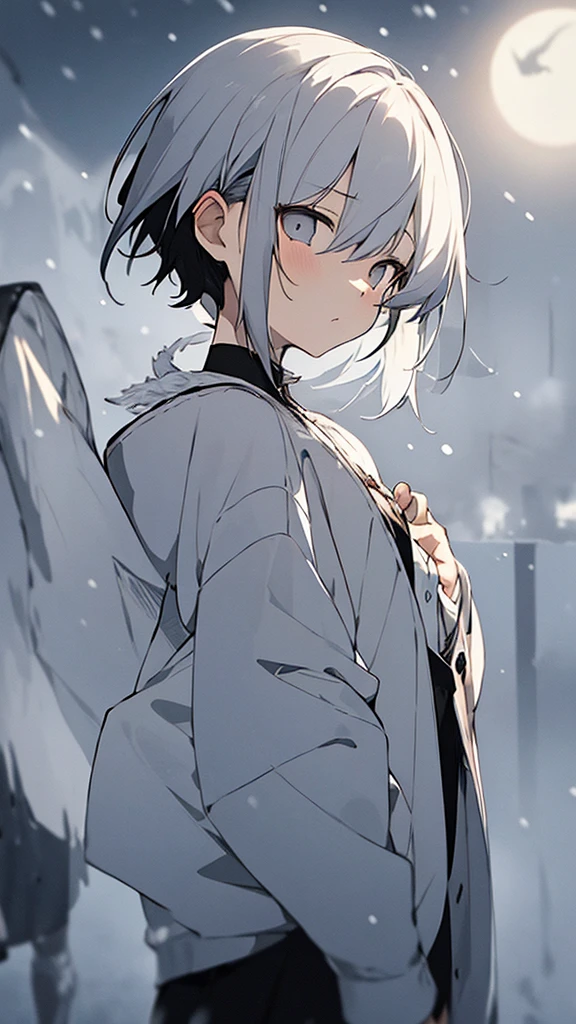 (masterpiece、highest quality)、Short nape hair、1 girl with very short white hair、Black cardigan、Grim expression、Grey Eyes、Warm lighting、 Blurred foreground、Deep in the night、High Contrast、night,Heavy snowfall,winter,full moon