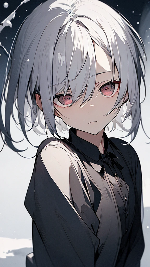 (masterpiece、highest quality)、Short nape hair、1 girl with very short white hair、Black cardigan、Grim expression、Grey Eyes、Warm lighting、 Blurred foreground、Deep in the night、High Contrast、night,Heavy snowfall,winter,full moon