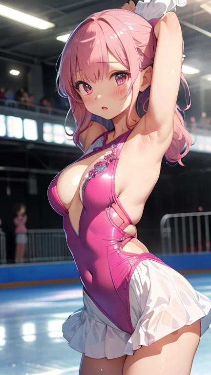 masterpiece、highest quality、Very detailed、Photograph the upper body、1 female、(Put your arms behind your back:1.4)、Are standing、Turn your body forward、View your viewers、(Figure Skating Costumes)、break,blush、shy、Pink Hair、Open your mouth、Skating rink、Big Breasts、