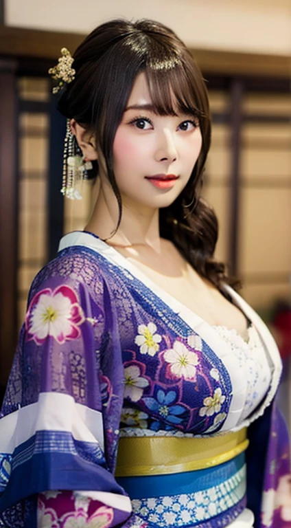 (((1girl))), highest quality, realism, Fine details, High resolution, 8k wallpaper, Perfect dynamic composition, Beautiful and delicate eyes, Long Hair, full, Large Breasts, Casual and sexy pose,Put your chest together、(kimono)、(Breast swelling 1.4)、(((thin))),shinto shrine、36 years old、Adult Beauty、Japanese、Look at the person taking the photo,Oiran