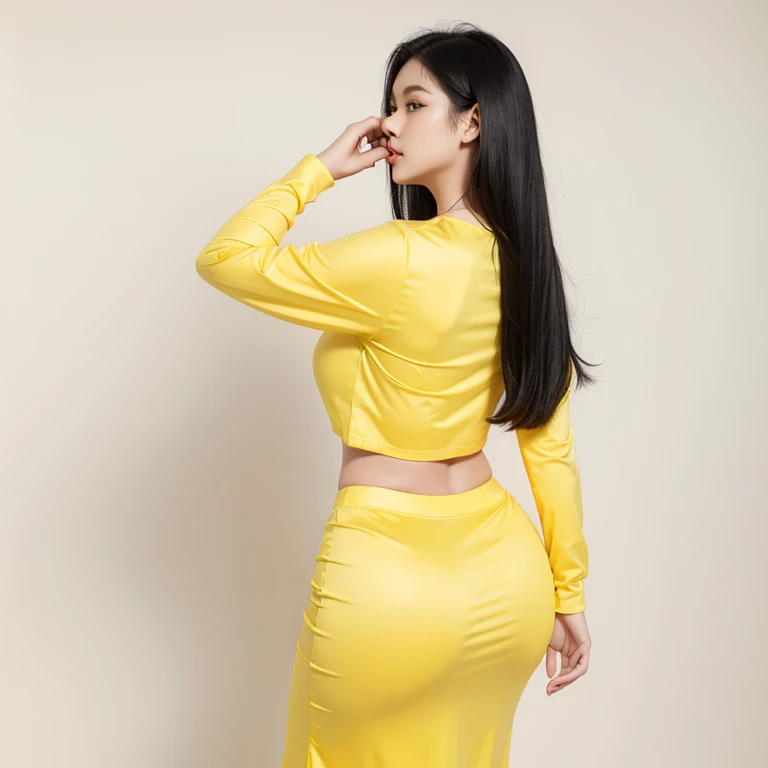 1girl ( shiny long black hair, shiny skin), huge breasts, voluptuous, curvy, back shot, standing and looking at the viewer, , acmm ls outfit, wearing (yellow) acmm top, long sleeves, wearing black acmm long PRINT WITH WHITE SMALL FLOWER skirt, ((plain background)), (((empty background)))