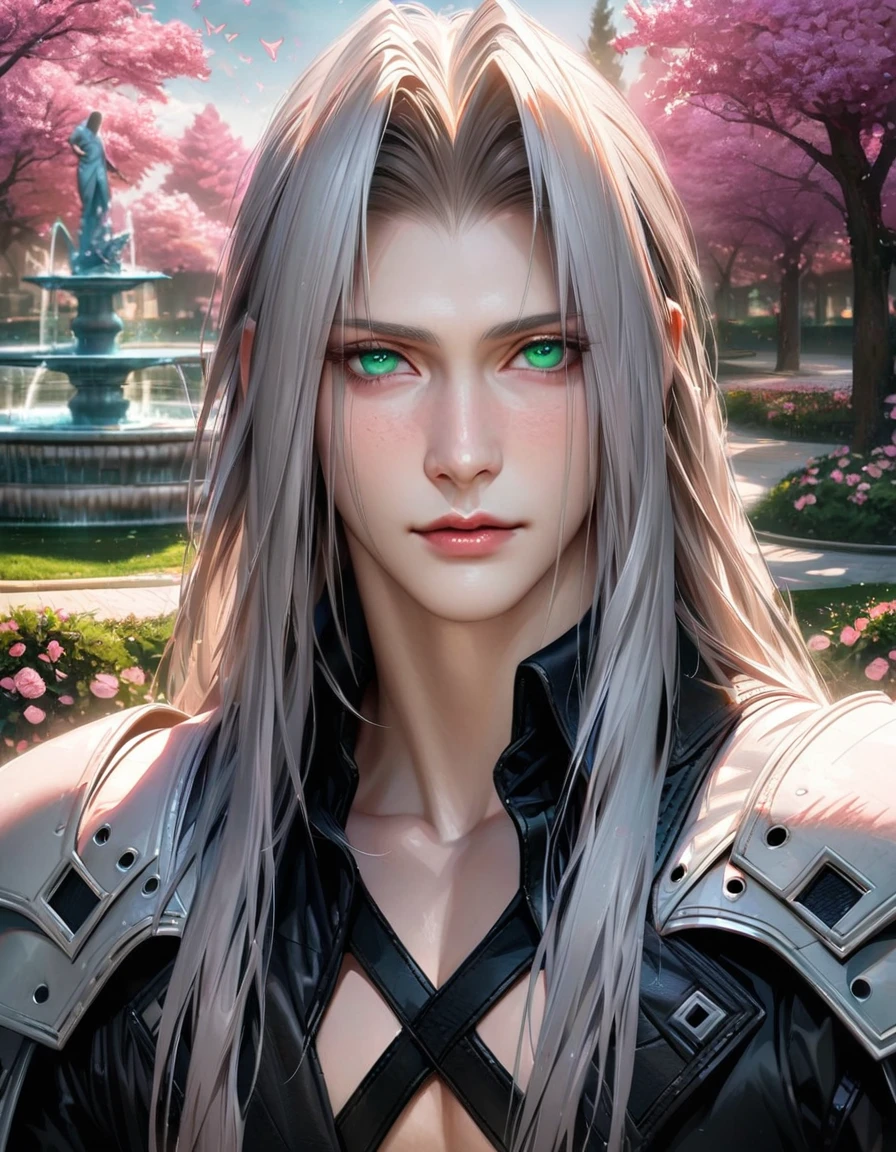 absurdres, highres, ultra detailed, HDR, master piece, ultra detailed picture, extremely detailed face and eyes, realistic face, Sephiroth, gray long hair, expressive green eyes, Final Fantasy VII remake, solo, man, handsome, black clothes, pink flowers, park, fountain, pink trees, pink butterflies