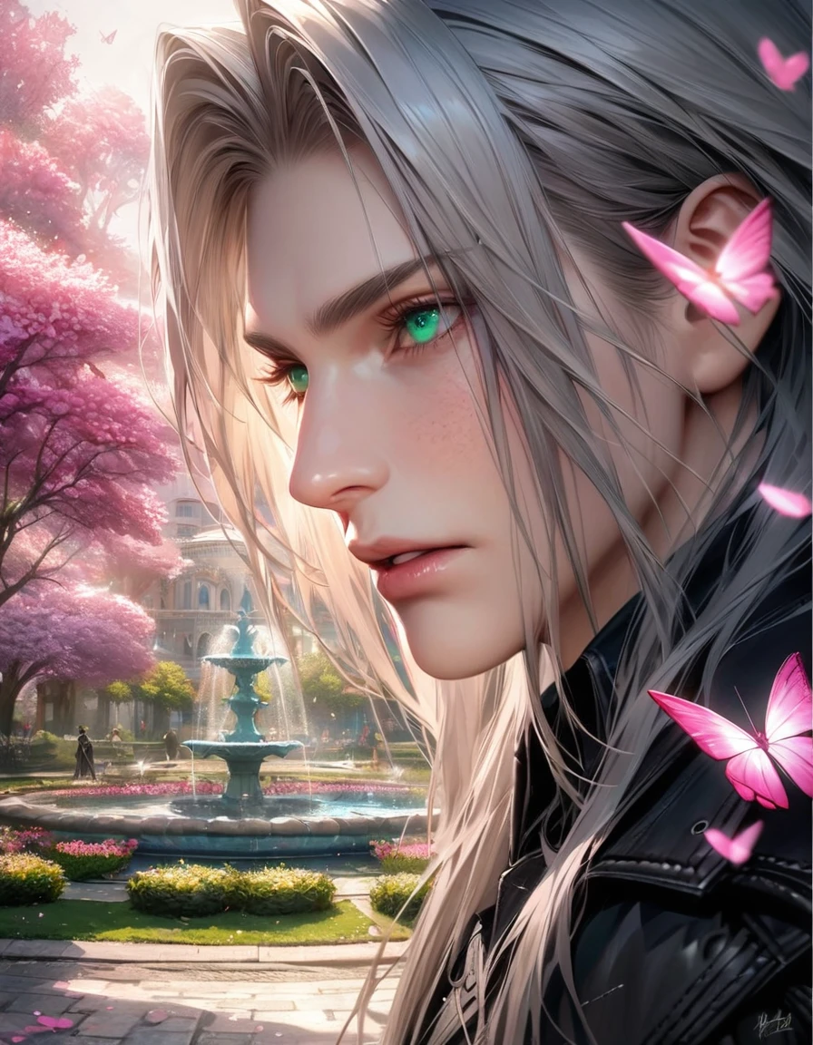 absurdres, highres, ultra detailed, HDR, master piece, ultra detailed picture, extremely detailed face and eyes, realistic face, Sephiroth, gray long hair, expressive green eyes, Final Fantasy VII remake, solo, man, handsome, black clothes, pink flowers, park, fountain, pink trees, pink butterflies