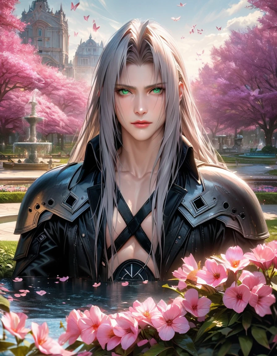 absurdres, highres, ultra detailed, HDR, master piece, ultra detailed picture, extremely detailed face and eyes, realistic face, Sephiroth, gray long hair, expressive green eyes, Final Fantasy VII remake, solo, man, handsome, black clothes, pink flowers, park, fountain, pink trees, pink butterflies