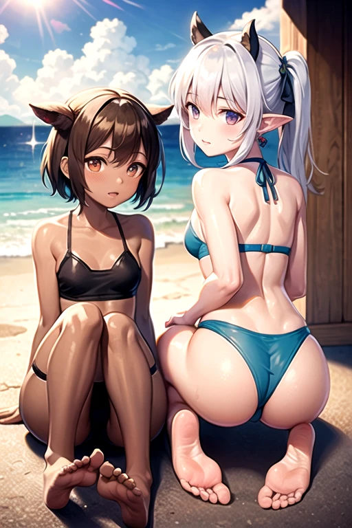 ((highest quality)), ((masterpiece)), (detailed), Perfect Face Two Girls Devil's Ears Devil horns barefoot detailedな足 detailedな足指 detailedな足裏 Sole Realistic soles 5 toes Hanging eyes Brown Skin Sunburned skin Brown skin White Hair Gray Hair Realistic legs Swimwear Prostration Angle from behind