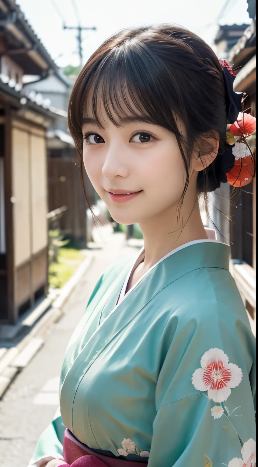 Professional Lighting,(Photorealistic:1.4), (Top image quality:1.0), (超A high resolution:1.0), 8k, Raw photography, (masterpiece:0.2), (Facing the children_v1:0.5)、(最高quality Detail:1.2)、Realistic、8K Ultra HD、High resolution、(1 girl:1.2)、超detailedな、High quality textures、複雑なdetailed、detailed、Very detailed CG、High quality shadows、detailed 美しく繊細な顔、Beautiful details and a delicate eye、(Symmetrical eyes:1.2),Written boundary depth、Ray Tracing,1 girl, Japanese Girls, (Natural smile:1.4),cute, thin, Portrait of a beautiful Japanese woman in a kimono, Standing elegantly on a street corner in Kyoto. Kimono with vibrant traditional patterns, Hair decorated with elegant and delicate hairpins, Gentle expression. (With the old streets of Kyoto in the background:1.4)、The soft light of a spring afternoon、Adding tranquility to the scene. Rendered in a Realistic style with great attention to detail, High resolutionの画像.Sky Porn, Magic Hour, (Realistic:1.3), finely, quality, (Tabletop:1.2), (Realistic:1.2), (最高quality), (複雑なdetailed), dramatic, Ray Tracing, photograph, +roller