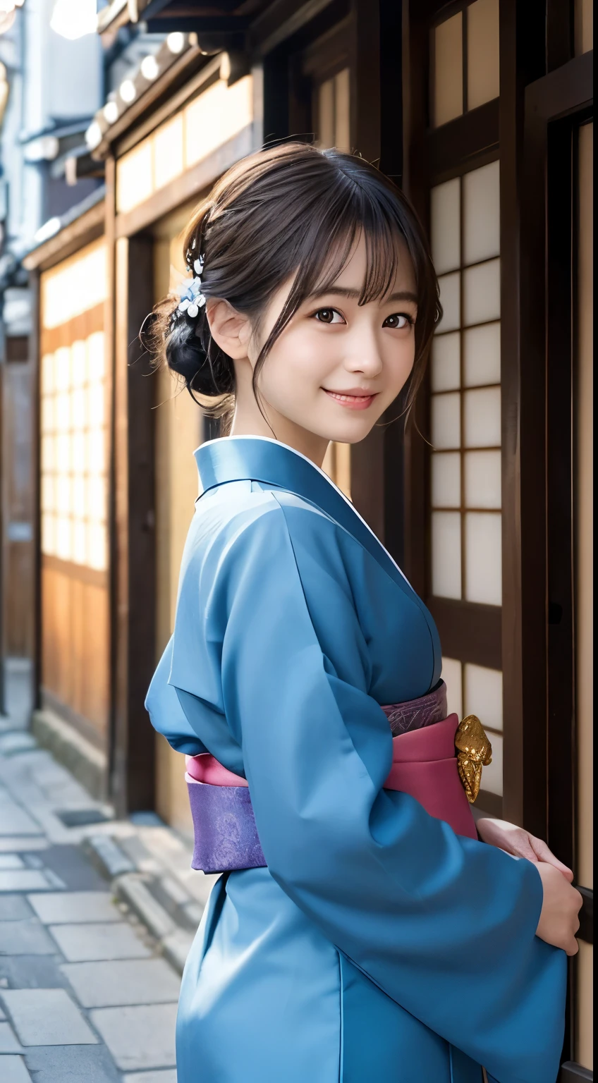Professional Lighting,(Photorealistic:1.4), (Top image quality:1.0), (超A high resolution:1.0), 8k, Raw photography, (masterpiece:0.2), (Facing the children_v1:0.5)、(最高quality Detail:1.2)、Realistic、8K Ultra HD、High resolution、(1 girl:1.2)、超detailedな、High quality textures、複雑なdetailed、detailed、Very detailed CG、High quality shadows、detailed 美しく繊細な顔、Beautiful details and a delicate eye、(Symmetrical eyes:1.2),Written boundary depth、Ray Tracing,1 girl, Japanese Girls, (Natural smile:1.4),cute, thin, Portrait of a beautiful Japanese woman in a kimono, Standing elegantly on a street corner in Kyoto. Kimono with vibrant traditional patterns, Hair decorated with elegant and delicate hairpins, Gentle expression. (With the old streets of Kyoto in the background:1.4)、The soft light of a spring afternoon、Adding tranquility to the scene. Rendered in a Realistic style with great attention to detail, High resolutionの画像.Sky Porn, Magic Hour, (Realistic:1.3), finely, quality, (Tabletop:1.2), (Realistic:1.2), (最高quality), (複雑なdetailed), dramatic, Ray Tracing, photograph, +roller