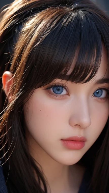 masterpiece, best quality, ultra-detailed, facing the camera head on, intricately detailed hyperdetailed, realistic, sharp features, highly detailed, sharp focus, perfect face, perfect face, perfect symmetrically perfect eyes, perfect full lips, flexible female form, cinematic, film light, hyper detailed, hyper realistic, masterpiece, atmospheric, high resolution, vibrant, dynamic studio lighting, ((Dark background)), Facial expressions when receiving pleasure, straight Bangs, blue Eyes,black sweater, cowboy shot, Big breasts,