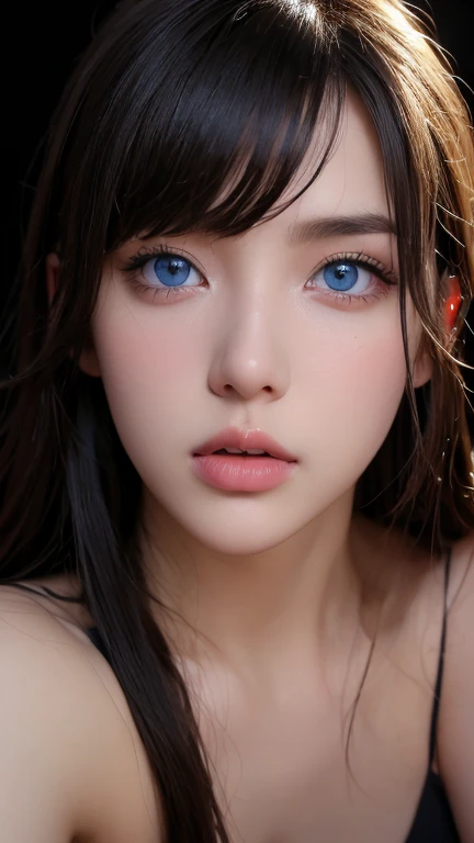 masterpiece, best quality, ultra-detailed, facing the camera head on, intricately detailed hyperdetailed, realistic, sharp features, highly detailed, sharp focus, perfect face, perfect face, perfect symmetrically perfect eyes, perfect full lips, flexible female form, cinematic, film light, hyper detailed, hyper realistic, masterpiece, atmospheric, high resolution, vibrant, dynamic studio lighting, ((Dark background)), Facial expressions when receiving pleasure, straight Bangs, blue Eyes,black sweater, cowboy shot, Big breasts,