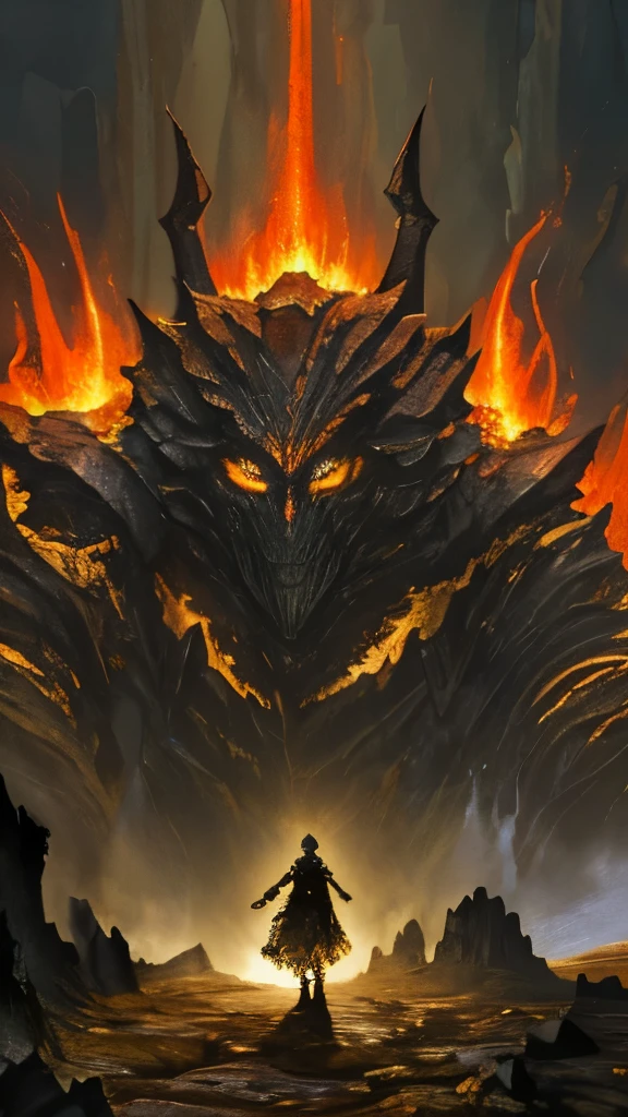Giant golem, with stone-like skin textured intricately, emitted an ominous presence as lava leaked from within, surging underneath its rugged exterior. The golem, standing in the way of daring adventurers, blocked their path with towering height and unwavering stance. Within the dimly lit cavern, the golem's essence glowed faintly, revealing the intricate mechanisms and gears operating from inside. The cave, draped in shadows, echoed with anticipation as the adventurers braced themselves for the encounter. (Masterpiece, best quality, detailed background, high-resolution vivid illustration, HDR effect, expressive features)