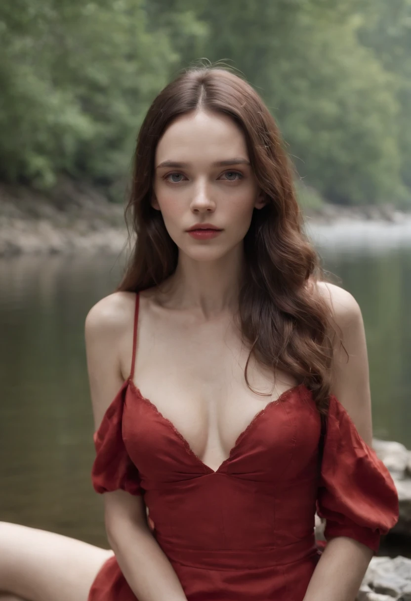 Stacy Martin、sexy body、Red sexy dress、Big Breasts、 ((Long Hair))  without clothes, no bra, pokies, puffies, big breasts, hard_nips, long hair, ample cleavage, seductive, cowboy shot, 8k, exposed breasts, huge breasts, (enormous breasts:1.3), (very thin waist:1.3), hourglass figure, long hair, big breasts, sexy body, Hyper-realistic portrait in a river, nadav kander, Alessio Albi, book portrait, on  the lake