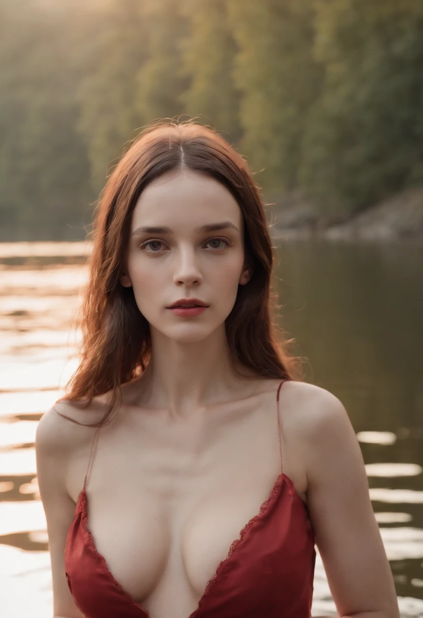 Stacy Martin、sexy body、Red sexy dress、Big Breasts、 ((Long Hair))  without clothes, no bra, pokies, puffies, big breasts, hard_nips, long hair, ample cleavage, seductive, cowboy shot, 8k, exposed breasts, huge breasts, (enormous breasts:1.3), (very thin waist:1.3), hourglass figure, long hair, big breasts, sexy body, Hyper-realistic portrait in a river, nadav kander, Alessio Albi, book portrait, on  the lake