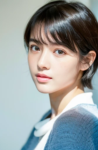 (masterpiece, best quality:1.4), (8k, raw photo, photo realistic:1.2), (shiny skin), detailed skin, detailed face, detailed eyes, 1girl,short cut, Simple white room、A soft light fills the room、looking at the camera、The photo shows the person from the waist up.、30th Generation、Slightly sharp features、Japanese