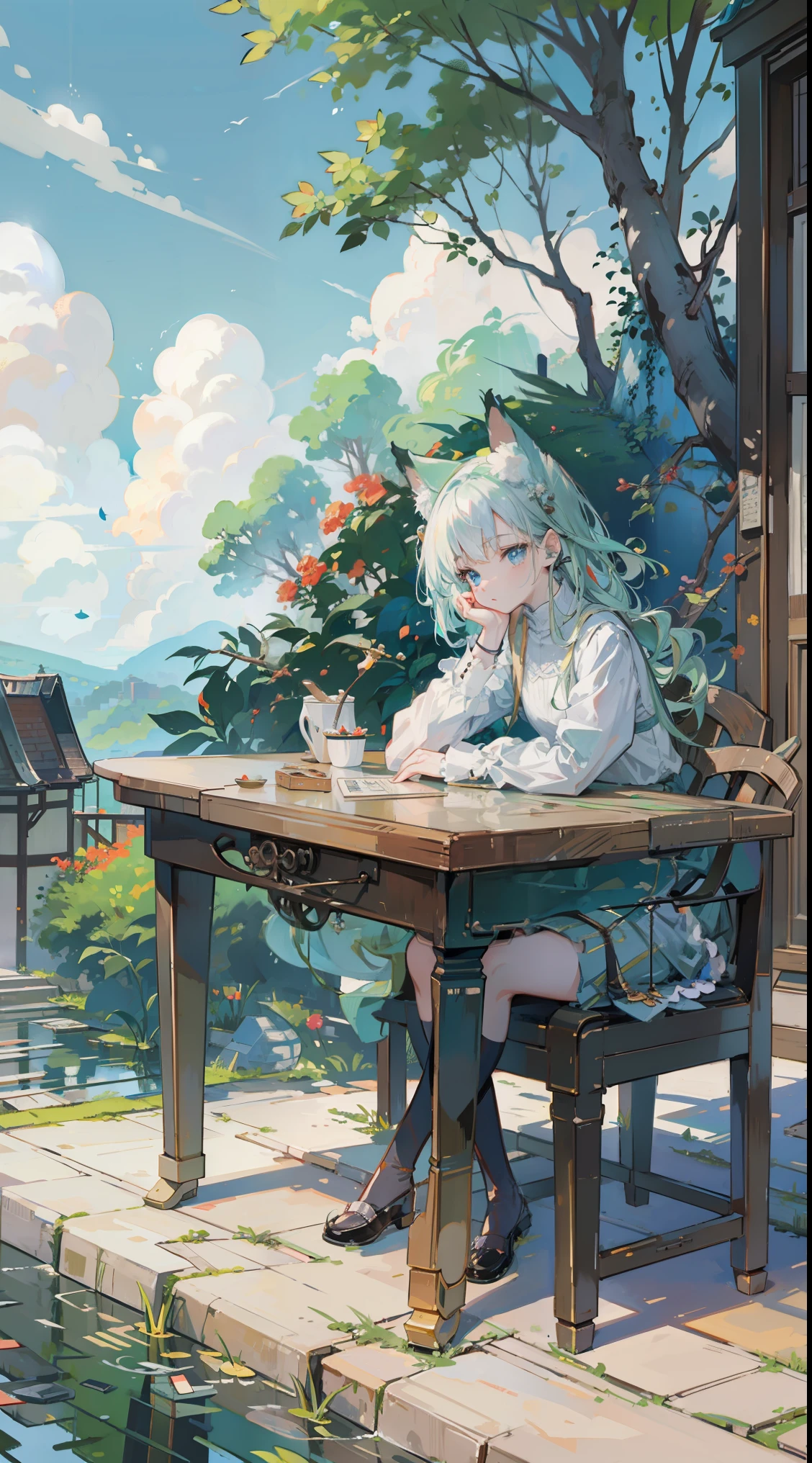 (Tabletop, highest quality: 1.1), Ghibli style, alone, , Weibo, Tinker&#39;s Wife (Tabletop), highest quality, Expressive eyes, Perfect Face, Small breasts, thin, ((Wearing a dress and playing the piano)),transparentガラスボトル本体, Glass Girl, transparent, Wavy green hair, Pink and blue eyes, Green leaves of hair, Eyes like shining jewels, Long eyelashes, transparent性, ((Wearing a dress and playing the piano)), (Red Jewel Autumn Costume)), whole body, Standing Pose Reaching Out, thin脚, Perfect hands, Five Fingers, Yun News (Hmph), no_human, (((Cat ear))), Forest land