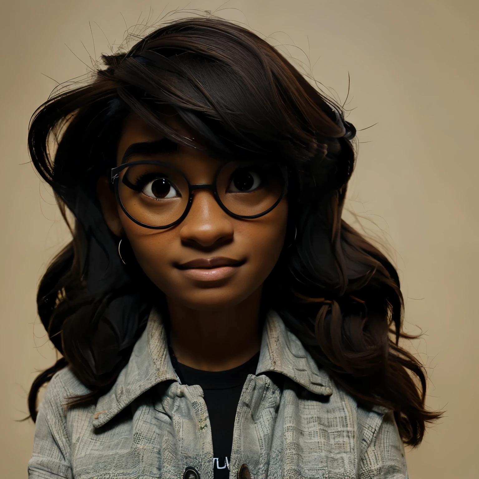 Foto tipo pixar de una chica de cabello negro con lentes, y con ropa de doctora de psicologia