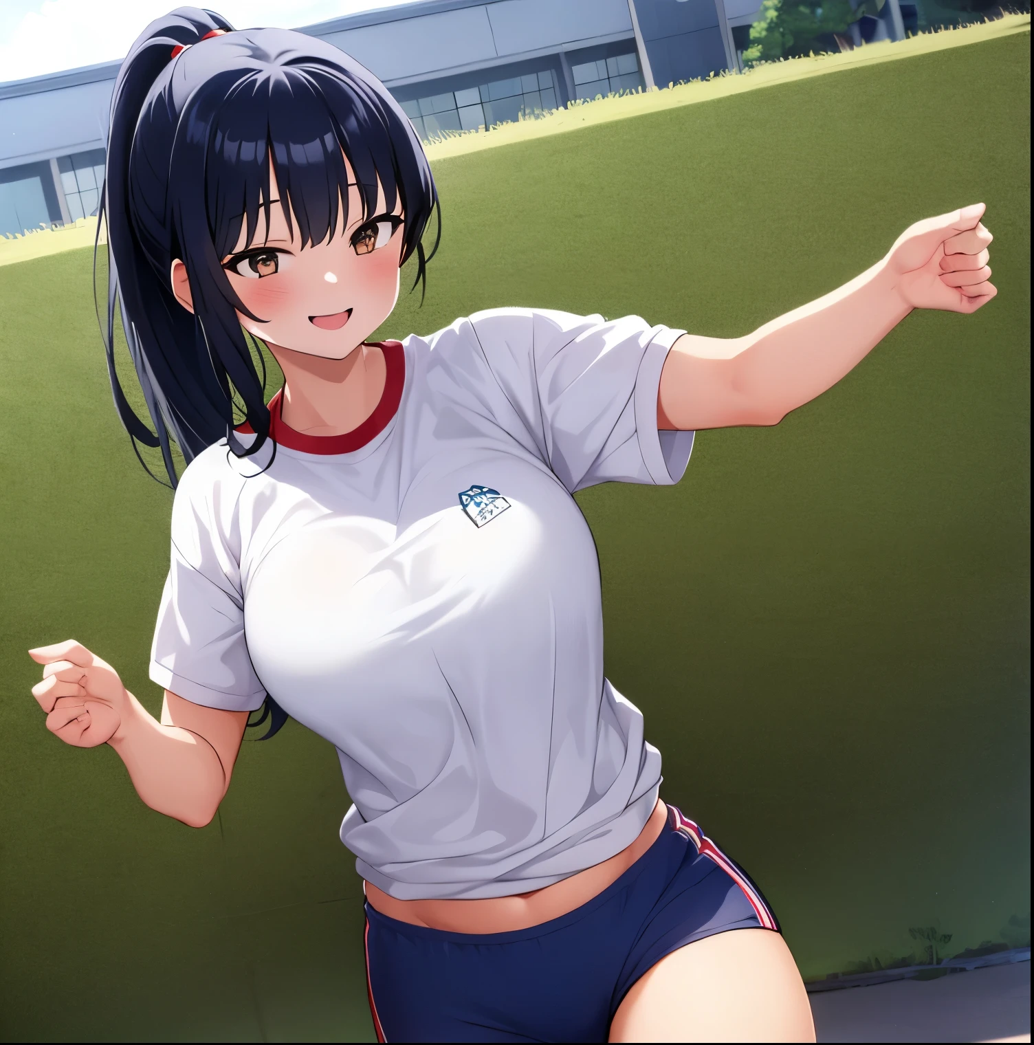 1girl, alone, Anna Yamada,masterpiece, best quality,   black hair, long hair, bangs, ponytail,large breasts,gym uniform, white shirt,  gym shirt, blue shorts, brown eyes,  smile, school ground , outdoor, perfect hands, perfect anatomy,