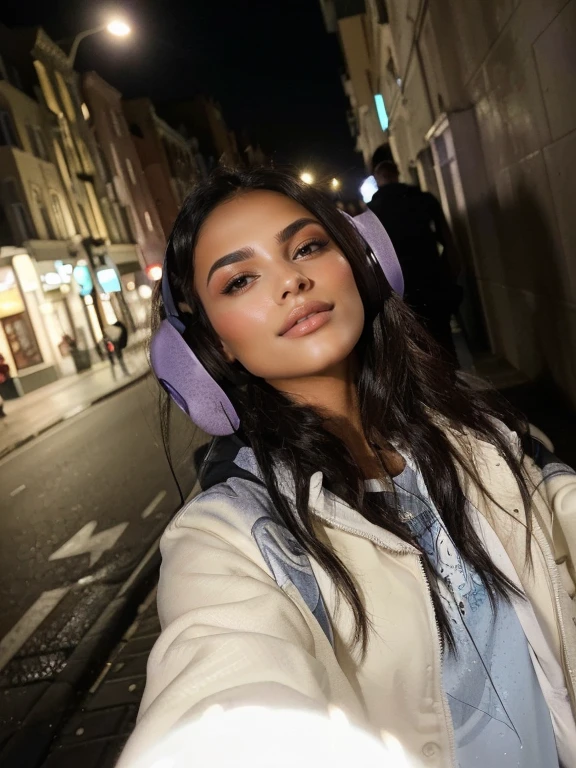 there is a woman taking a selfie on a street at night, with headphones, with head phones, taken in 2 0 2 0, taken in 2022, violet myers, very very low quality picture, photo taken in 2 0 2 0, at nighttime, perfectly lit face, profile picture 1024px, in the city, black haired girl wearing hoodie