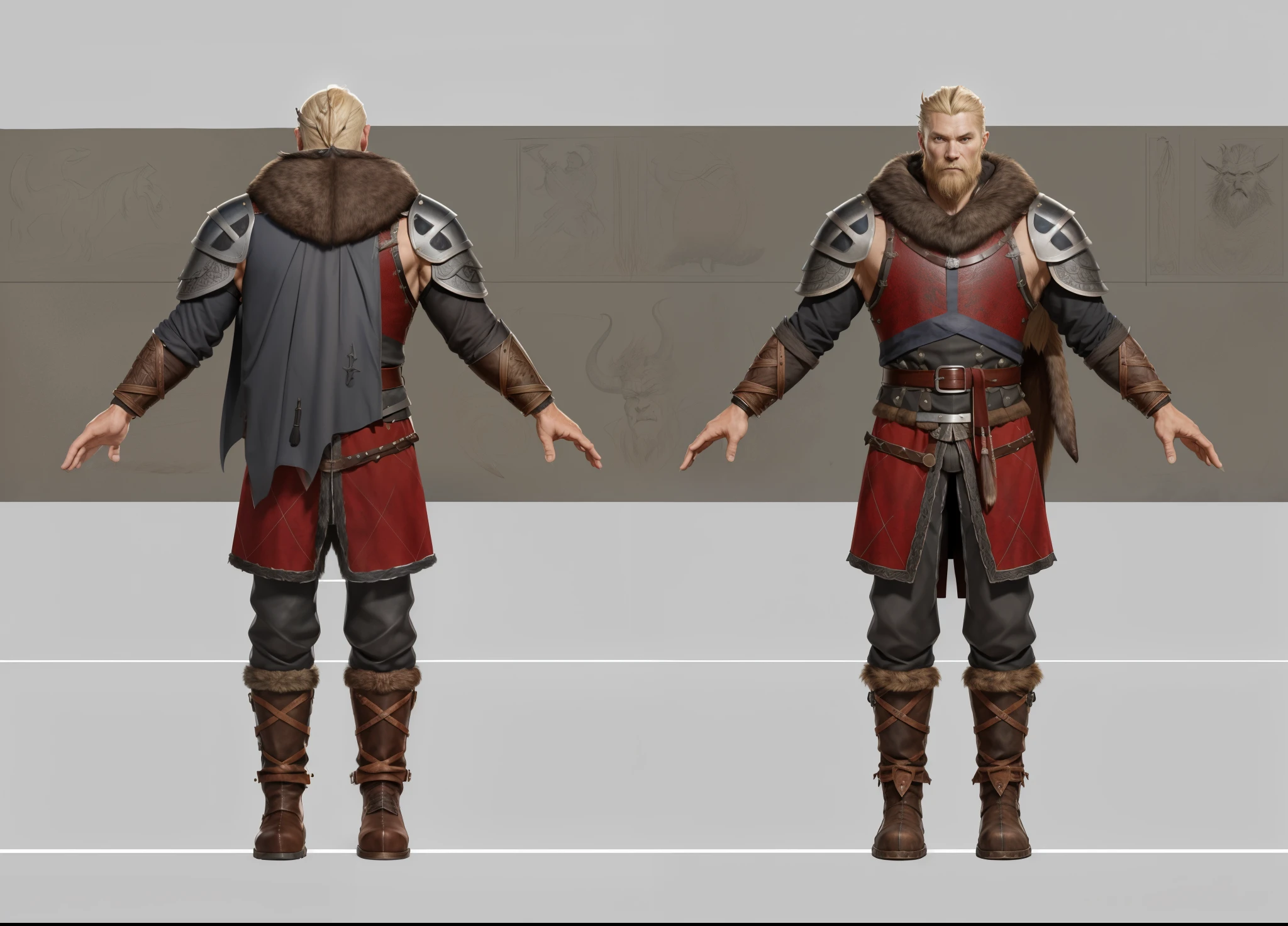 ( Realistic:1.33),(masterpiece:1.1),(highest quality:1.1),(HDR:1) a close up of a Tall Viking man with gambeson fur coat , detailed armor, old Cuirass engraved leather, intricate designs on the Cuirass, intricate Cuirass engravings, full body concept, detailed full body concept, old man Viking with a long braid, Viking style, Viking protective, Portrait of a Viking, Viking warrior, Viking culture, Nordic warrior, Viking costume, Ancient Viking warrior, Elven blond warrior, Epic Viking king , wearing Viking clothing, male Viking, with Machado, Nordic inspiration, Viking and Templar aesthetics, full body character concept,costume concept design, full body details, detailed full body concept art, full character body, character model sheet turnaround, fullbody shot turnaround, concept character sheet, full body concept art, reference model sheet , full body concept art, RPG style character, game character design, 3d character reference sheet, video game character concept, detailed character design, character sheet, [ character model sheet turnaround ], front and back, ((front and back)), grey clean background, 3D character, leather belt with leather knife bag, leather, leather armband, leather boots with fur, gambeson blue cloth, (viking warrior), ((barbarian)),(((wide chest)), (((animal fangs accessories))), leather waist armor, black shirt and trousers, leather shoulder armor, ((Tattered red cloak))