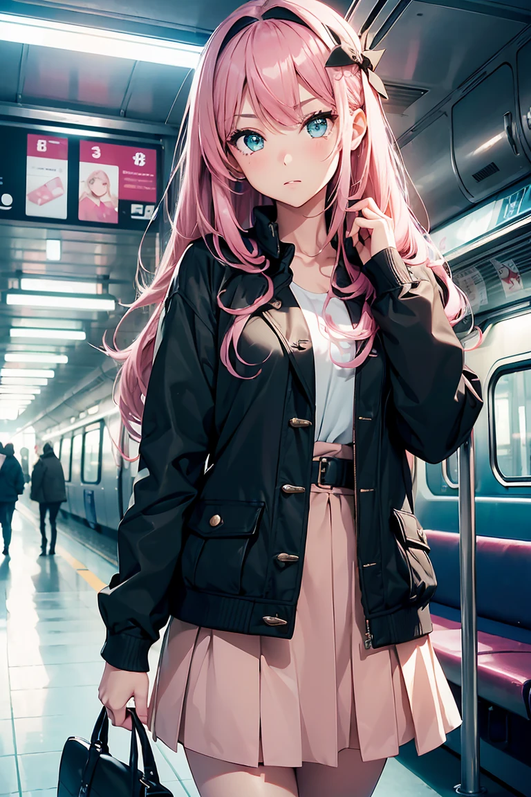 ((1 girl)), on the train, Open your mouth, blush, Latest Fashion Trends, Street fashion,Jacket, Open chest,Cool look, Fashionable skirts,Relaxed pose,Cowboy Shot,((Very detailed,highest quality, High resolution, 8k wallpaper, Beautiful clothes,)),((Pink Hair, Long Hair,Straight hair, hair accessory)), (Green Eyes),eye shadow, eyeliner,Glow Eye, Very detailedな目, Complex eyes, Beautiful Eyes, 18-year-old girl.