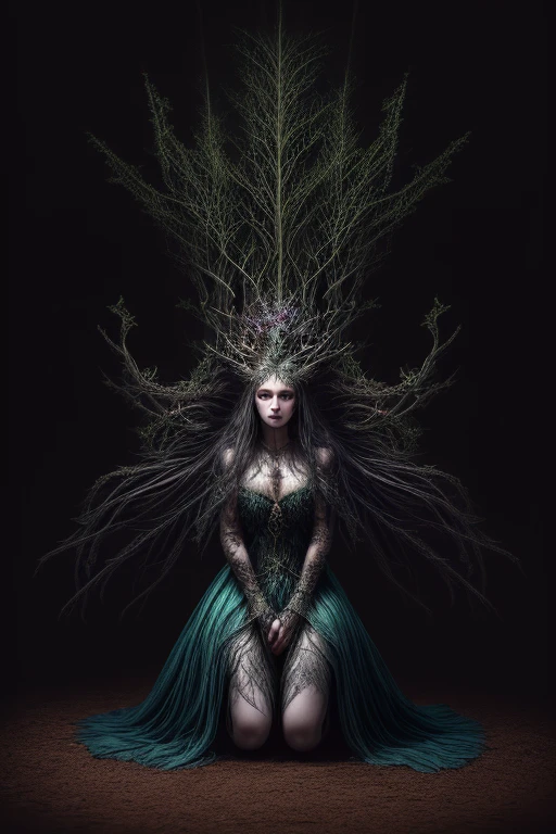 HighestQuali,tmasterpiece:1.2,Detailed details,Full body image of a beautiful forest witch in a decorative dress, Witch fashion, kneels on the ground,dynamicposes, fairy lights, Hyperrealistic, hyper-maximalist, insanely details, 4K