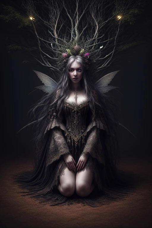 HighestQuali,tmasterpiece:1.2,Detailed details,Full body image of a beautiful forest witch in a decorative dress, Witch fashion, kneels on the ground,dynamicposes, fairy lights, Hyperrealistic, hyper-maximalist, insanely details, 4K