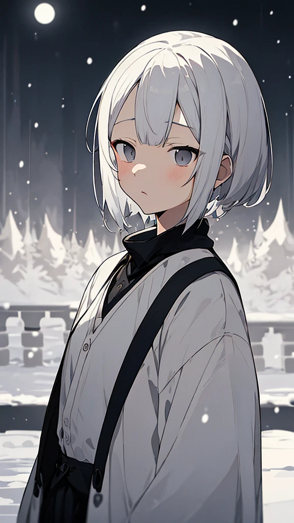 (masterpiece、highest quality)、Short nape hair、1 girl with very short white hair、Black cardigan、Grim expression、Grey Eyes、Warm lighting、 Blurred foreground、Deep in the night、High Contrast、night,Heavy snowfall,winter,full moon,