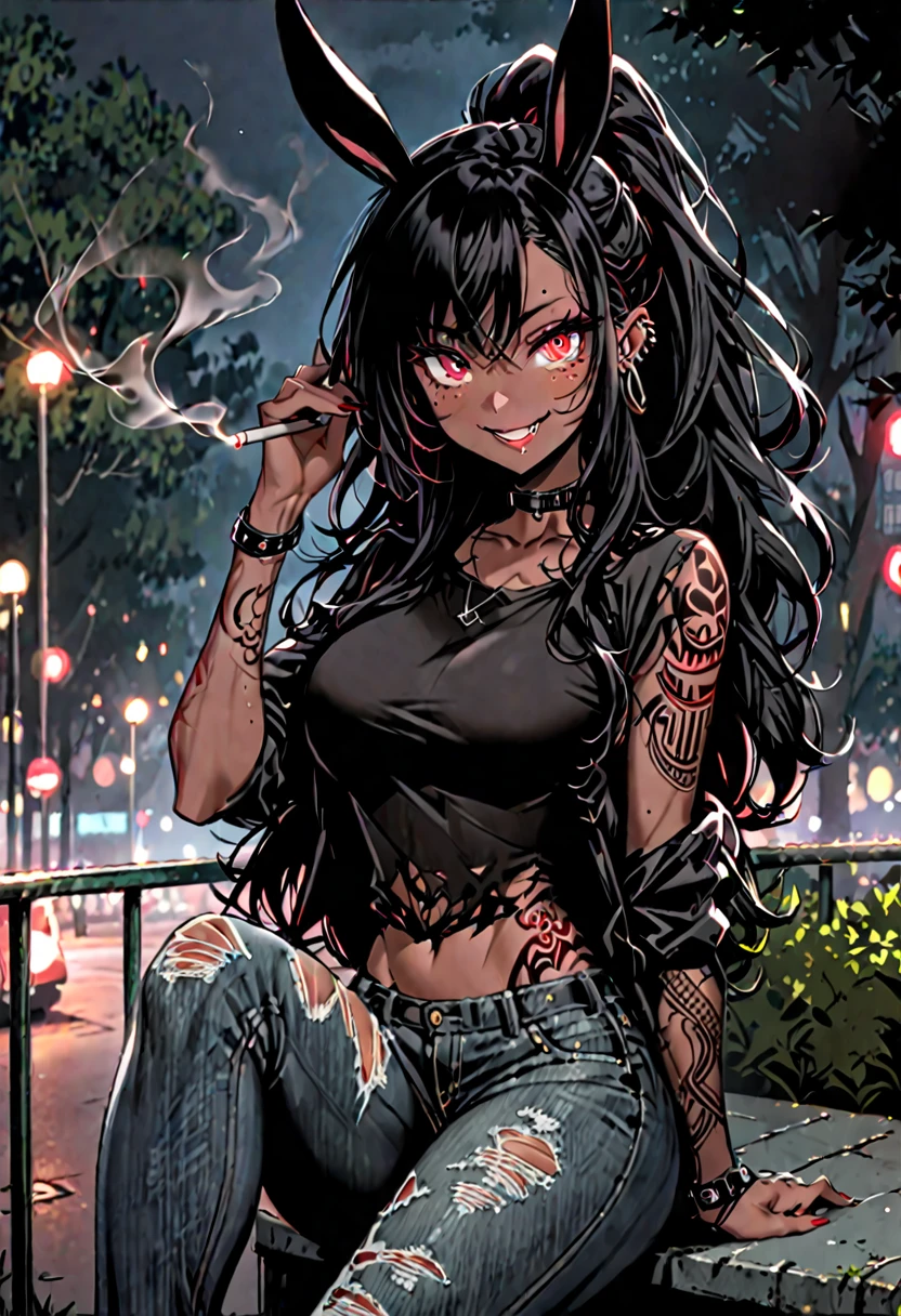 female, solo, dark skin, freckles, bright red eyes, wavy hair, very long black hair, ponytail, black rabbit ears, large breasts, fit, tattoo on arm, tattoo on face, tall, torn shirt, tight jeans, ripped jeans, black shirt, chocker, heavy eyeliner, small piercings, SFW:2, smile, playful, park, night, smoking, cleavage, leather jacket