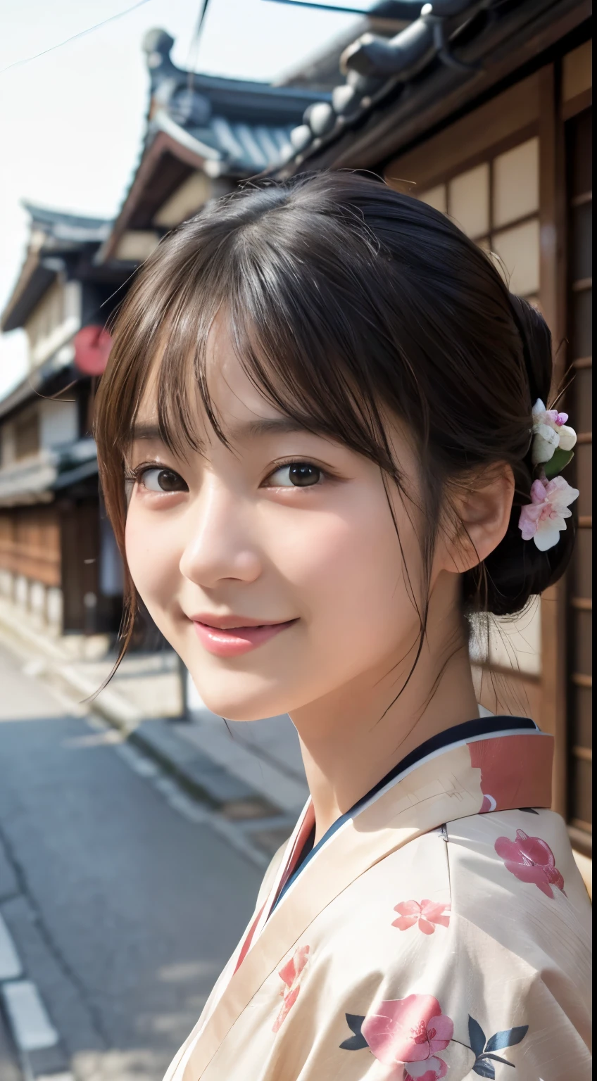 Professional Lighting,(Photorealistic:1.4), (Top image quality:1.0), (超A high resolution:1.0), 8k, Raw photography, (masterpiece:0.2), (Facing the children_v1:0.5)、(最高quality Detail:1.2)、Realistic、8K Ultra HD、High resolution、(1 girl:1.2)、超detailedな、High quality textures、複雑なdetailed、detailed、Very detailed CG、High quality shadows、detailed 美しく繊細な顔、Beautiful details and a delicate eye、(Symmetrical eyes:1.2),Written boundary depth、Ray Tracing,1 girl, Japanese Girls, (Natural smile:1.4),cute, thin, Portrait of a beautiful Japanese woman in a kimono, Standing elegantly on a street corner in Kyoto. Kimono with vibrant traditional patterns, Hair decorated with elegant and delicate hairpins, Gentle expression. (With the old streets of Kyoto in the background:1.4)、The soft light of a spring afternoon、Adding tranquility to the scene. Rendered in a Realistic style with great attention to detail, High resolutionの画像.Sky Porn, Magic Hour, (Realistic:1.3), finely, quality, (Tabletop:1.2), (Realistic:1.2), (最高quality), (複雑なdetailed), dramatic, Ray Tracing, photograph, +roller