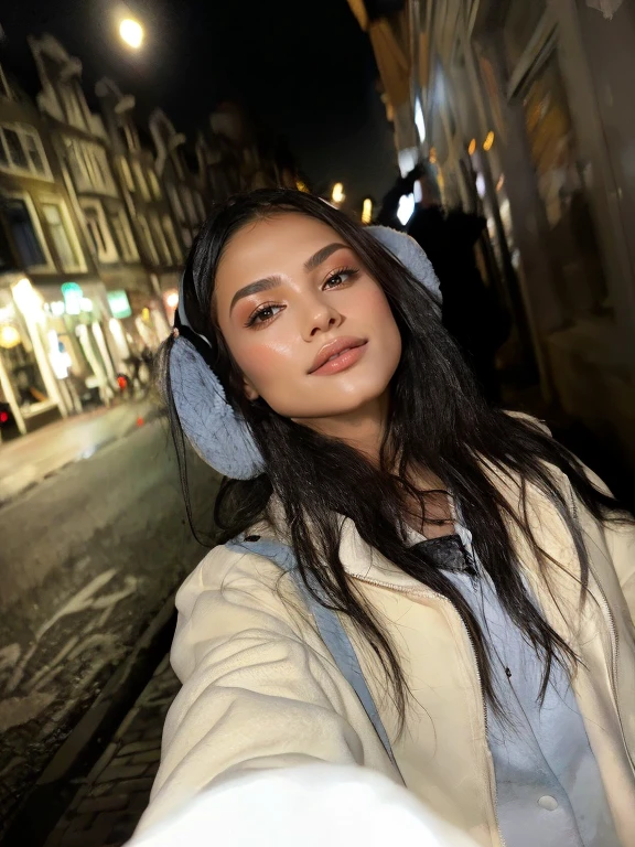 there is a woman taking a selfie on a street at night, with headphones, with head phones, taken in 2 0 2 0, taken in 2022, photo taken in 2 0 2 0, at nighttime, perfectly lit face, profile picture 1024px, in the city, black haired girl wearing hoodie, beautiful girl, city lights, urban landscape, blurred background, 16K CGI, photography