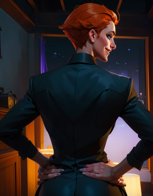 moria,heterochromia,short hair,orange hair,red eye,blue eyes,
black dress shirt,purple tie,black pants,
cozy home,night,standing, hands on hips, smiling, back view, sexy
(insanely detailed, masterpiece, best quality),solo,