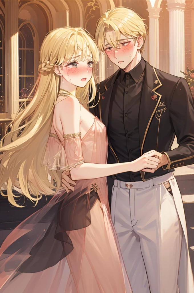 A man，(Gorgeous man)，Mature man，Gorgeous red Rococo dance dress，Long blond hair，Exquisite，(transparent)，(See-through clothes)，flat chest，Showing belly，(Blush:1.2)，Fear，Tears，Prom，Dancing show，