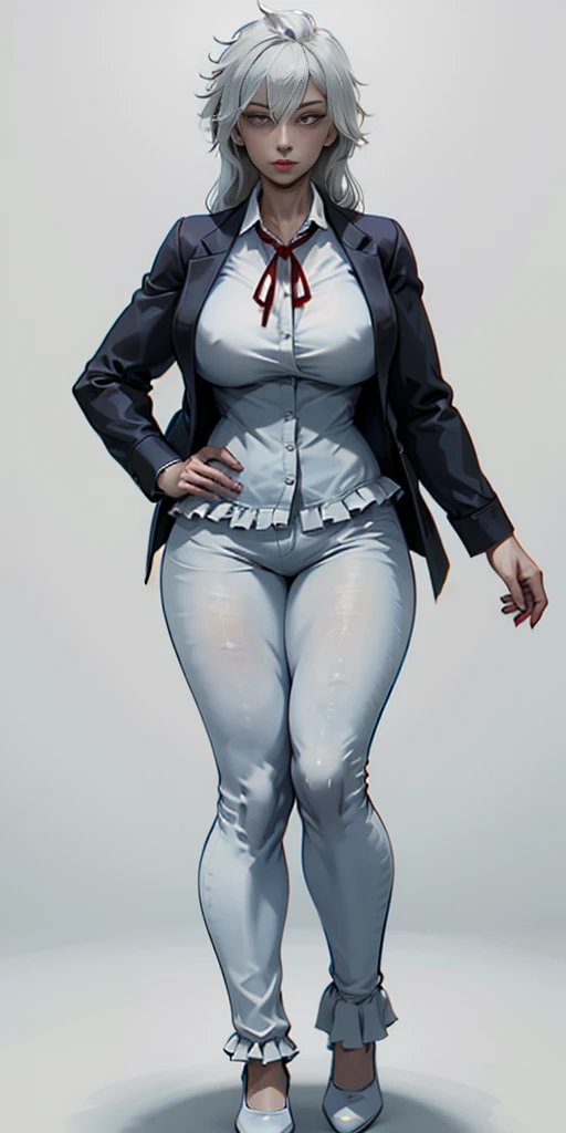 ((casual-style)), 1girl, solo, white hair, shirt, red ribbon, ribbon, looking at viewer, long hair, full body, white eyes, white shirt, grey eyes, hair between eyes, neck ribbon, collared shirt, cardigan, closed mouth, expressionless, jacket, simple background, frills, bangs, white background, long sleeves