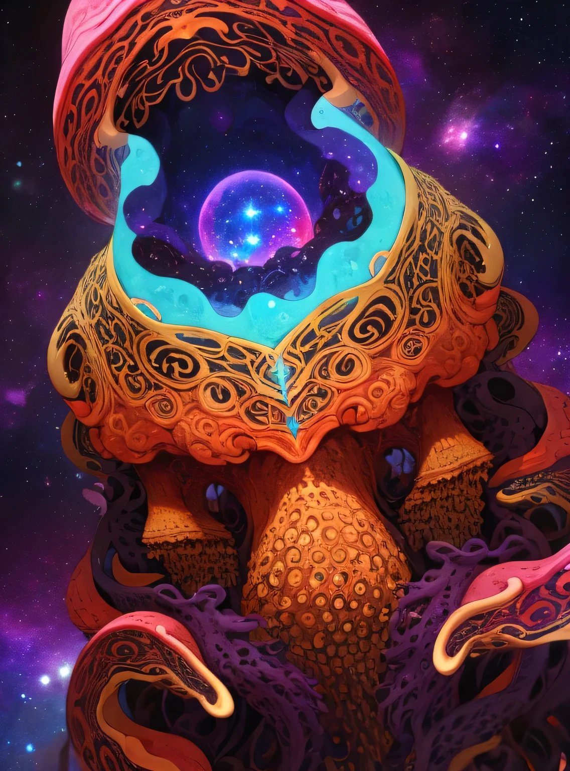 (best quality,highres,masterpiece:1.2),ultra-detailed,Skull with tentacle face, in space,alien creature,intricate patterns,dark and mysterious,cosmic colors,ethereal lighting,dim spaceship interior,ominous atmosphere,otherworldly,nebulae and stars,distant galaxies,creepy and surreal,phosphorescent tentacles,haunting presence,dimensions intertwining,mind-bending perspective,cosmic horror,nightmarish beauty,hypnotic gaze,awe-inspiring,unearthly energy,cosmic chaos and order,transcendent,pulsating with cosmic power,dark matter tendrils,intergalactic entity,evokes fear and fascination