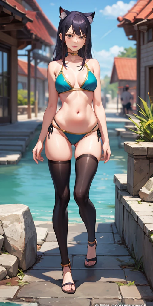 1 GIRL FULL BODY, STANDING STRAIGHT, a cartoon image of a woman in a bikini and cat ears, senna from league of legends, nico robin, cushart kenz, nami from one piece, nami one piece, monokini, full body picture, full body concept, cushart krenz, commission for high res, lowres, attire: bikini, full body!, fullbody