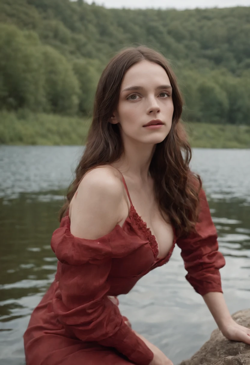 Stacy Martin、sexy body、Red sexy dress、Big Breasts、 ((Long Hair)) without clothes, no bra, pokies, puffies, big breasts, hard_nips, long hair, ample cleavage, seductive, cowboy shot, 8k, exposed breasts, huge breasts, (enormous breasts:1.3), (very thin waist:1.3), hourglass figure, long hair, big breasts, sexy body, Hyper-realistic portrait in a river, nadav kander, Alessio Albi, book portrait, on the lake