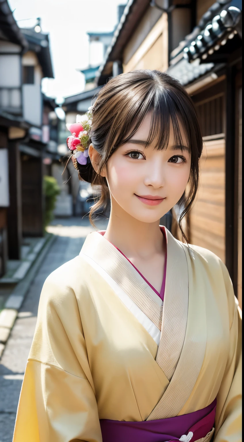 Professional Lighting,(Photorealistic:1.4), (Top image quality:1.0), (超A high resolution:1.0), 8k, Raw photography, (masterpiece:0.2), (Facing the children_v1:0.5)、(最高quality Detail:1.2)、Realistic、8K Ultra HD、High resolution、(1 girl:1.2)、超detailedな、High quality textures、複雑なdetailed、detailed、Very detailed CG、High quality shadows、detailed 美しく繊細な顔、Beautiful details and a delicate eye、(Symmetrical eyes:1.2),Written boundary depth、Ray Tracing,1 girl, Japanese Girls, (Natural smile:1.4),cute, thin, Portrait of a beautiful Japanese woman in a kimono, Standing elegantly on a street corner in Kyoto. Kimono with vibrant traditional patterns, Hair decorated with elegant and delicate hairpins, Gentle expression. (With the old streets of Kyoto in the background:1.4)、The soft light of a spring afternoon、Adding tranquility to the scene. Rendered in a Realistic style with great attention to detail, High resolutionの画像.Sky Porn, Magic Hour, (Realistic:1.3), finely, quality, (Tabletop:1.2), (Realistic:1.2), (最高quality), (複雑なdetailed), dramatic, Ray Tracing, photograph, +roller