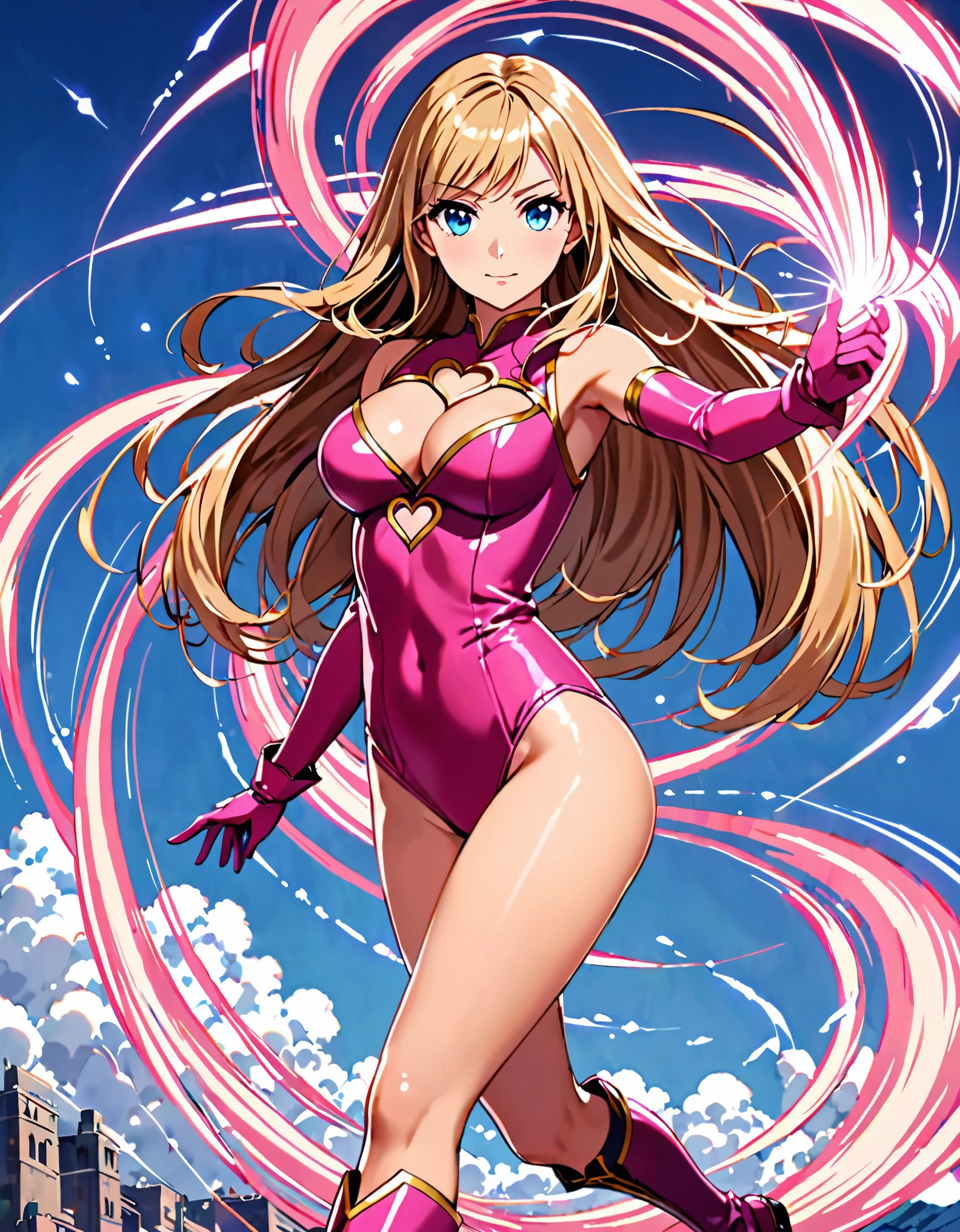 ((masterpiece)), ((best quality)), ((high res)), 1girl, solo, solo focus, (leotard, perfect leotard, pink leotard, sleeveless, bare legs), matching boots, looking at the viewer, blue sky backdrop, hand, perfect hands, complete fingers, perfect anatomy, medium breasts, (blonde hair, long hair, mid-length hair, hair down, bangs), knee boots, blue eyes, beautiful detailed eyes, beautiful detailed face, cute face, (cleavage heart cutout), pink gloves, pink footwear, superhero, heroic, spread arms. spins in place like a tornado. she spins at an incredible speed, creating a whirlwind of air around her. spiral lines around,cyclone winds around,tornado spinning, full body with costume