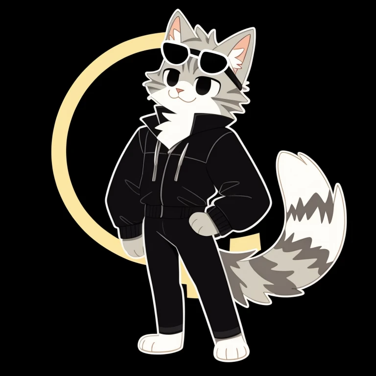 grey tabby cat illustration, very fluffy fur、male、black jacket、Black eyes、Long black pants、Physical Normality、age14、Heavy cartoony eyes、long-sleeve、Waist-length clothing、doodle, black background, neck fluff, grey tabby cat tail, paws, sunglasses, white outline, facing forward