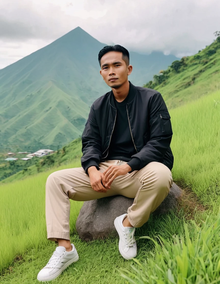 A stunning 8k portrait photograph of a 25-year-old Indonesian man, showcasing his slender build and casual attire. He has short, middle-parted hair, and is dressed in a black zip-up jacket, beige cargo pants, and white sneakers. The man is sitting cross-legged on a hilltop, surrounded by lush green grass, against a backdrop of a breathtaking mountain landscape. The colors are vivid, and the image is captured in a high-quality cinematic style, creating a fashionable and artistic vibe.