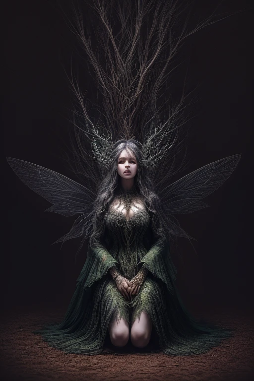 HighestQuali,tmasterpiece:1.2,Detailed details,Full body image of a beautiful forest witch in a decorative dress, Witch fashion, kneels on the ground,dynamicposes, fairy lights, Hyperrealistic, hyper-maximalist, insanely details, 4K