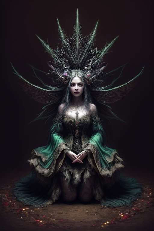 HighestQuali,tmasterpiece:1.2,Detailed details,Full body image of a beautiful forest witch in a decorative dress, Witch fashion, kneels on the ground,dynamicposes, fairy lights, Hyperrealistic, hyper-maximalist, insanely details, 4K